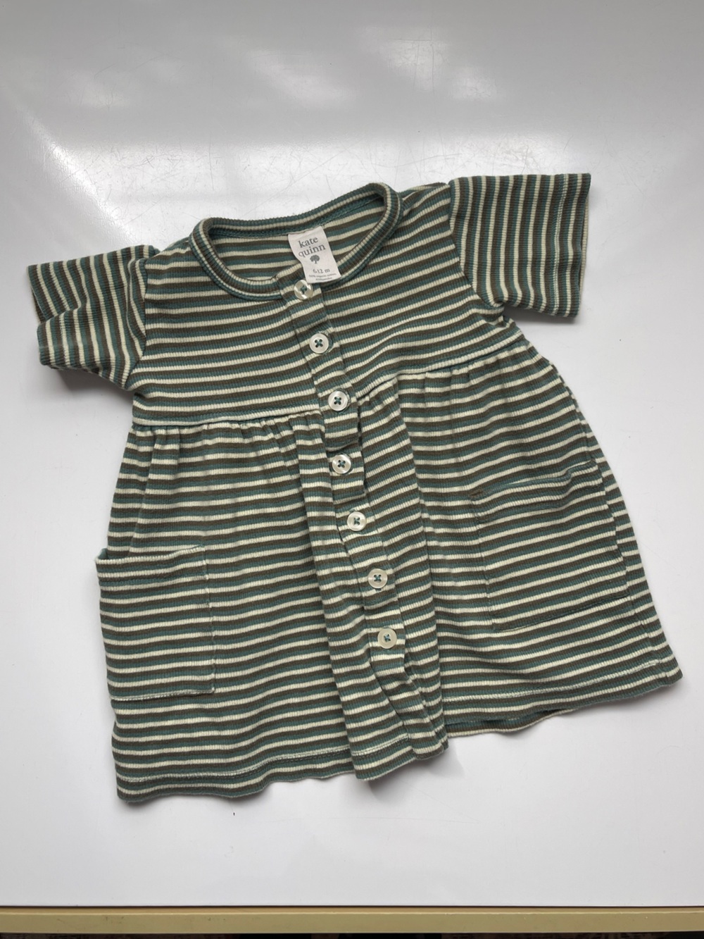 Kate Quinn Striped Green & Cream Button-Front Baby Dress
